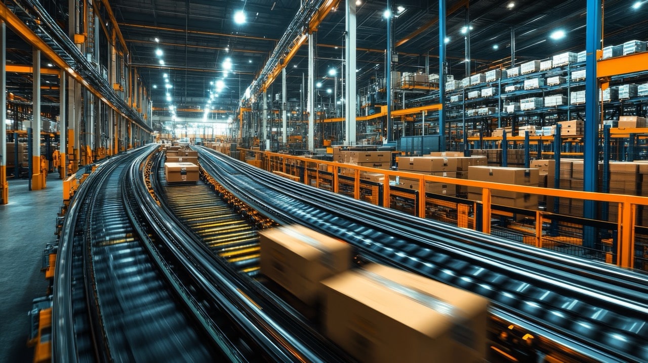 High Tech Logistics Center Showcasing Automated Transportation System For Efficient Movement Of Goods Within A Busy Warehouse Environment Generative Ai - Advanced Intralogistics