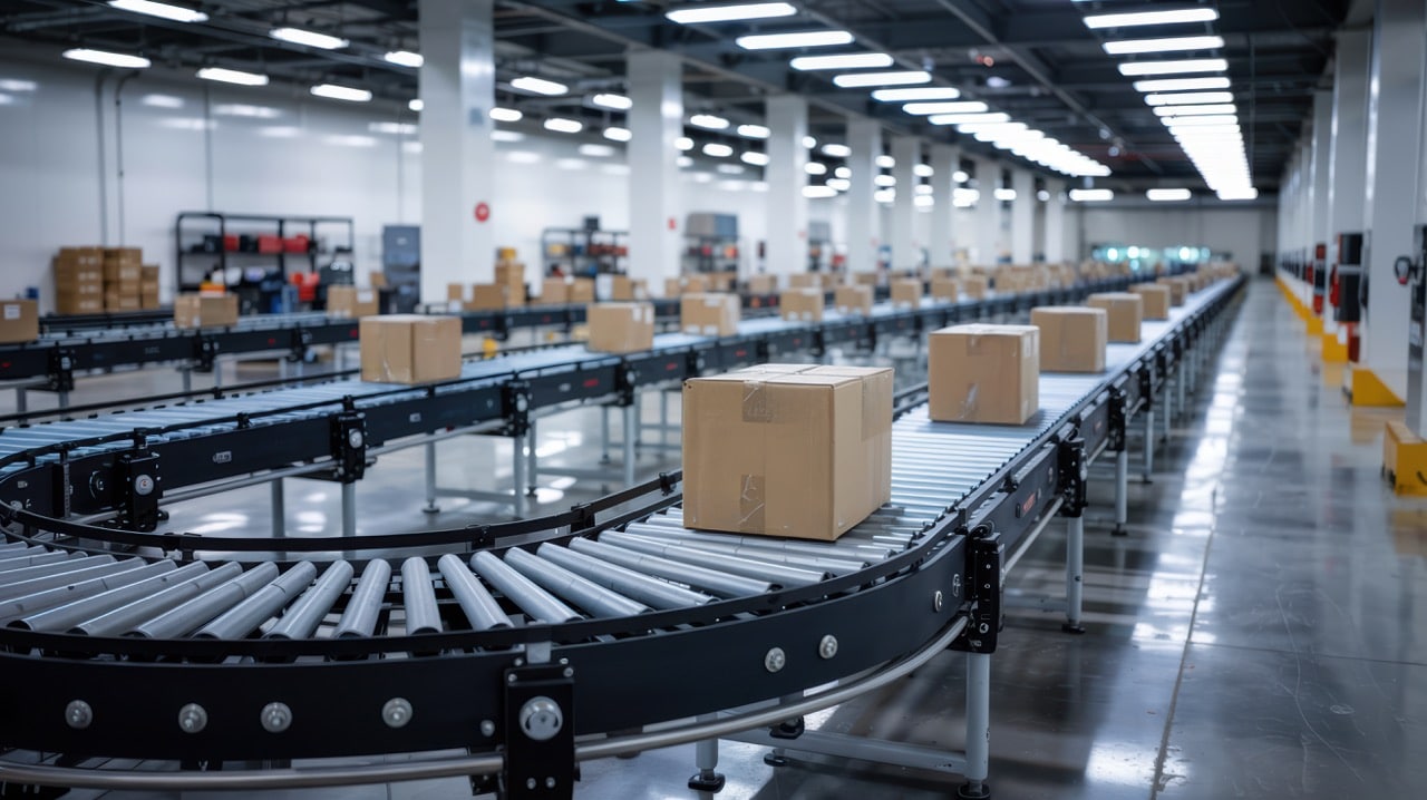 Modern Warehouse Conveyor System Efficiently Moves Cardboard Boxes Through Facility Using Advanced Computer And Engineering Technology - Advanced Intralogistics