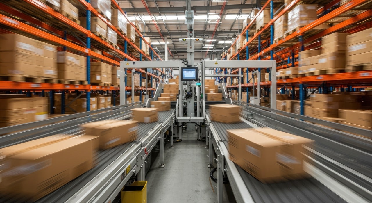 Automated Warehouse With Conveyor Belts Moving Boxes. High Speed, Modern Fulfillment Center - Advanced Intralogistics