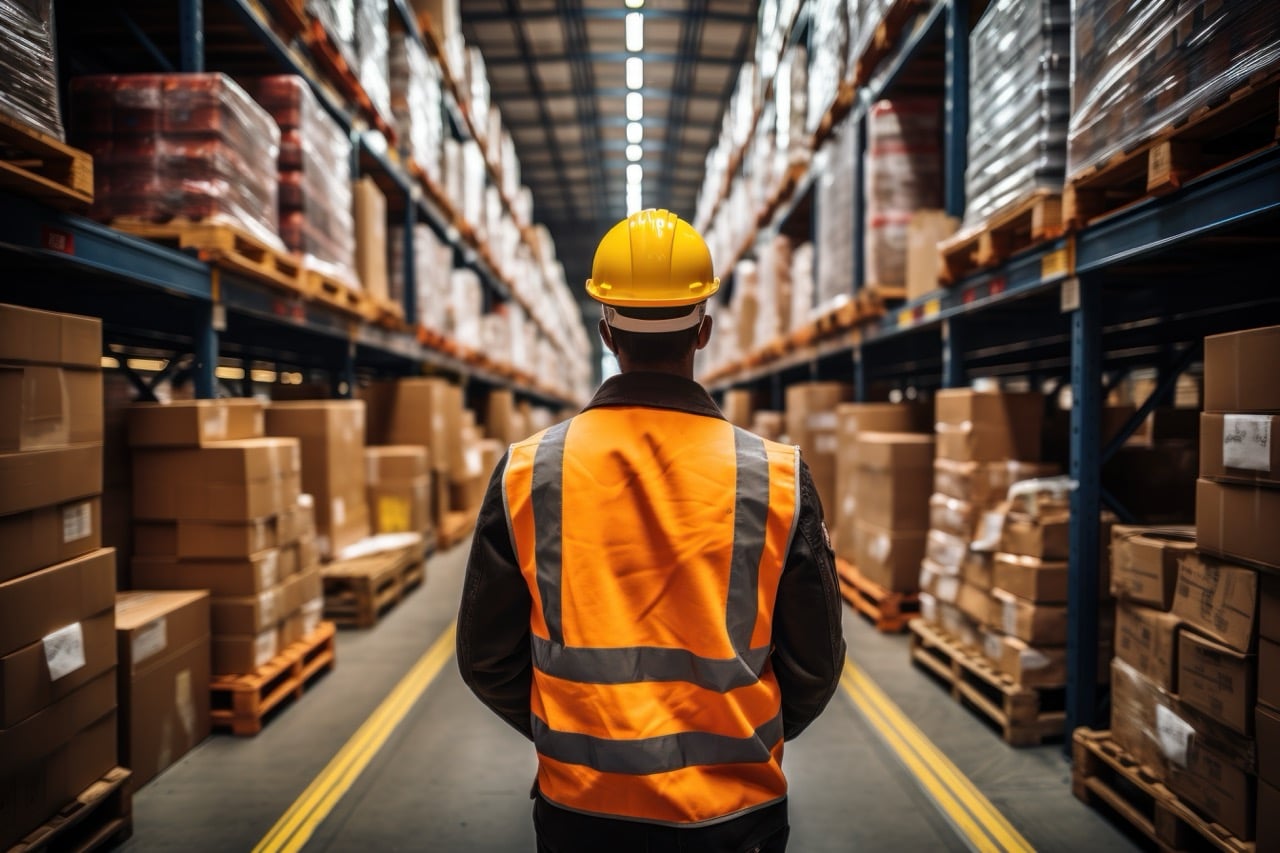 A Handsome Male Worker Wearing A Hard Hat Carrying Boxes Turns Back And Forth Through A Retail Warehouse Full Of Shelves—a Professional Worker Working In Logistics And Distribution Centers. - Advanced Intralogistics