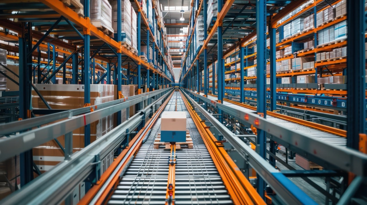 A Sleek Modern Warehouse Filled With Rows Of Orange Conveyor Belts And Packaged Goods Ready For Shipment - Advanced Intralogistics