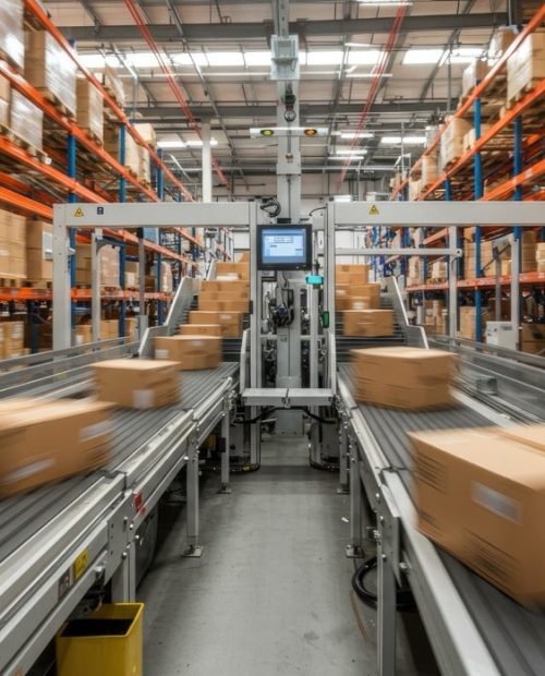 Automated Warehouse With Conveyor Belts Moving Boxes. High Speed, Modern Fulfillment Center - Advanced Intralogistics